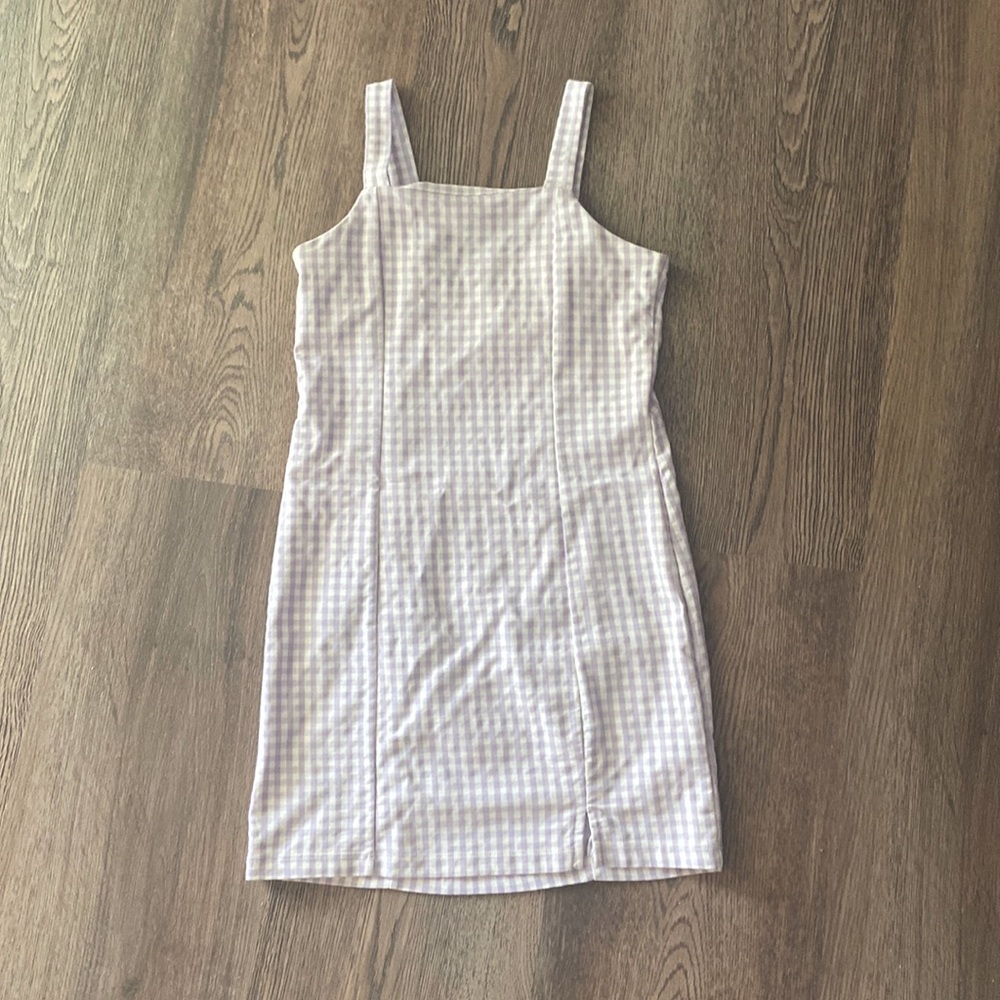 gingham pattern, lavender and white tight body dress. size child large